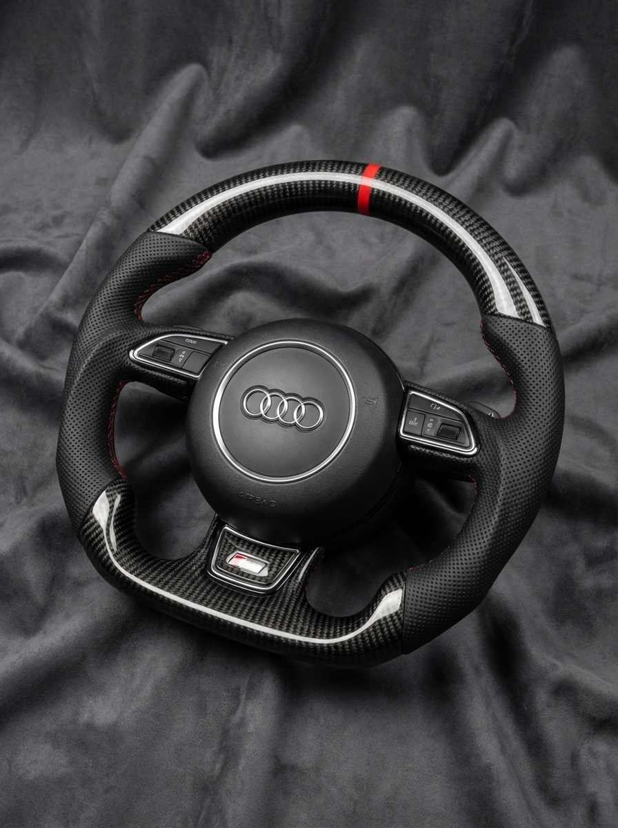 Carbon fiber steering wheel with Audi logo on a dark fabric background