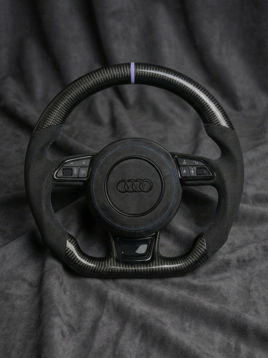 Steering wheel with Audi logo on a textured gray background