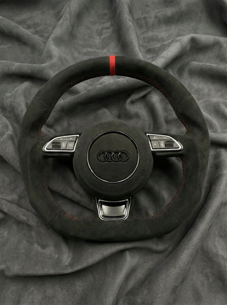 Black Audi steering wheel on a gray fabric background