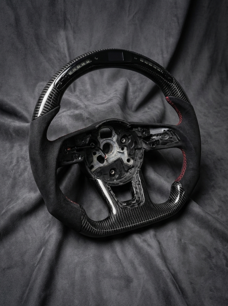 Steering wheel on a textured gray surface