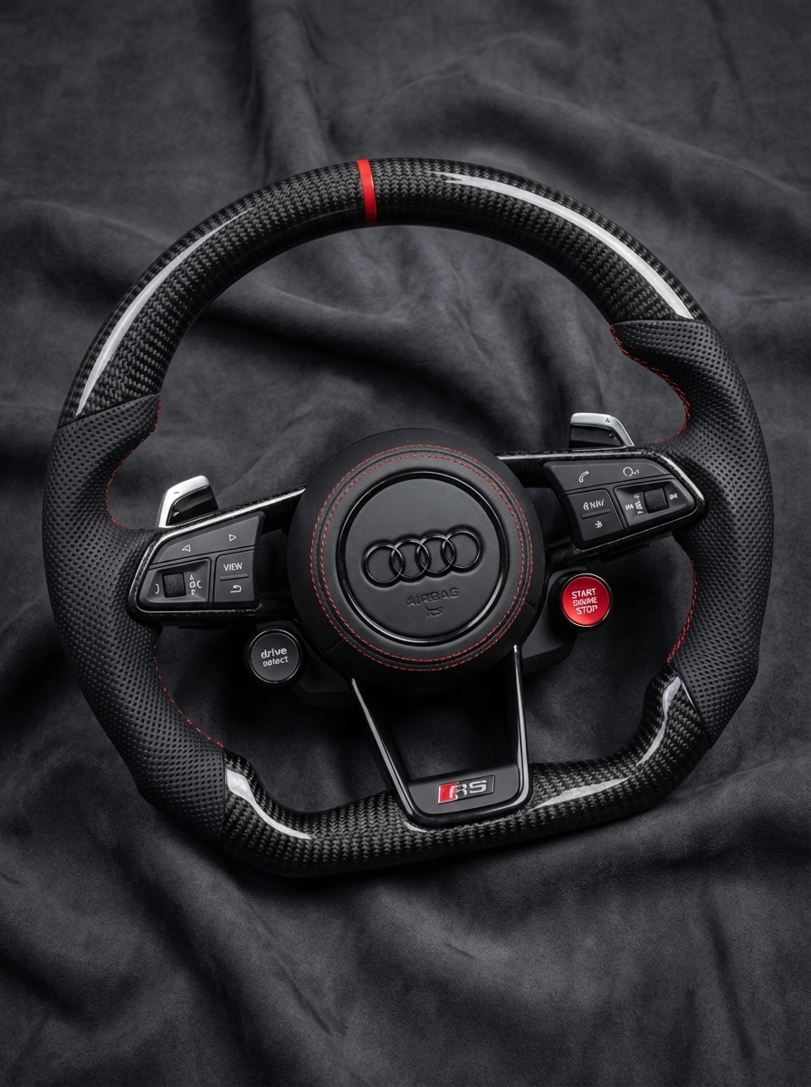 Steering wheel with Audi logo on a dark fabric background